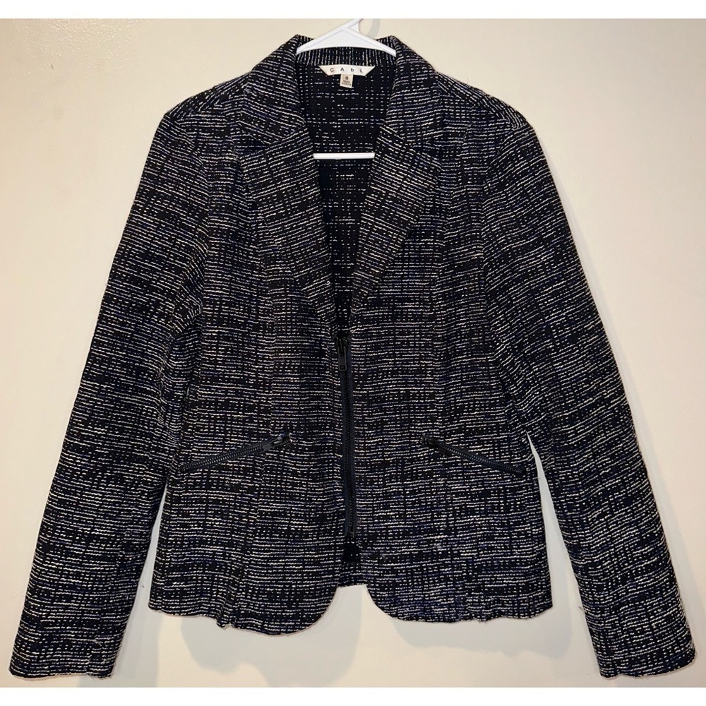 Cabi 723‎ Women Navy Blue White Tweed Zip Front Blazer Jacket Size 8
